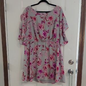 Gray Floral Flutter Sleeve Dress with Pink Roses 2X As You Wish
